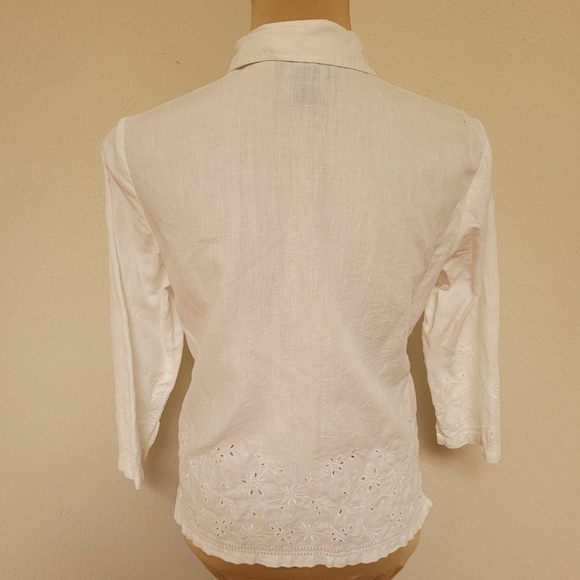 Charter Club White Linen Blouse Eyelet at Hem and 3/4 Sleeves - Picture 7 of 8